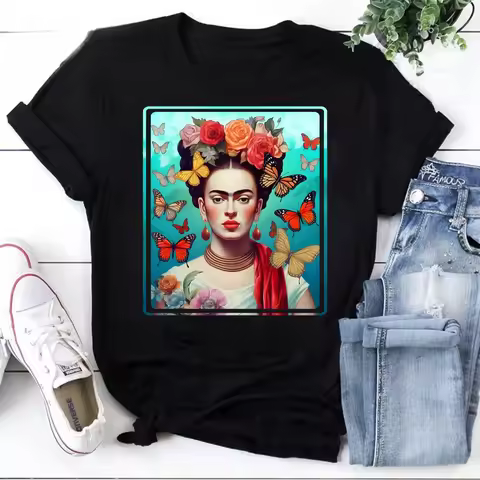 Frida Kahlo Classic Vintage Feminist T-shirt Mexican-style Frida Kahlo Themed Fitting T-shirt Haraju