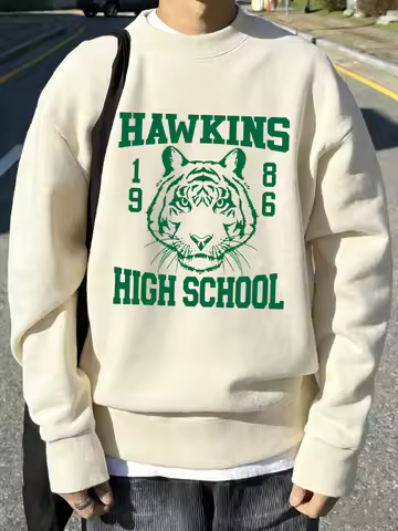 Hawkins 1986 High School Print Men Retro Sweatshirt Fleece Casual Loose Pullovers Autumn Soft Clothe