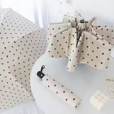 Auto Fold Polka Dot Umbrella UPF 50+ UV Sun Protection Compact Travel Black Coating