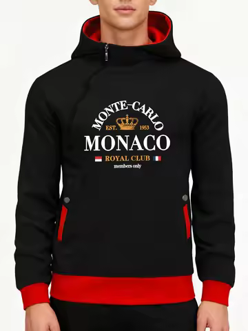 Monte-Carlo Monaco Printed Men Diagonal Zipper Streetwear Warm Pocket Clothing Fashion Casual Sweats