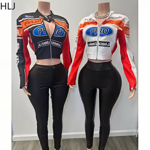 HLJ&GG Fashion Trend Letter Y2K Two Piece Sets Women Zip Long Sleeve Crop Coats And Skinny Pants Out