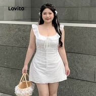 (Trendy) Lovito Cute Plain Tie Front Eyelet Embroidery Dress for Women L122AD063