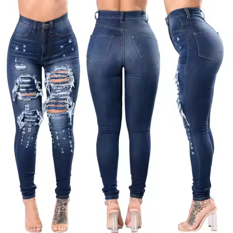 ONE TO WAN Ripped Skinny High Waisted Pencil Jeans for Women Casual Y2K Streetwear Denim Pants Dark 