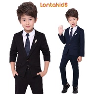 lontakids ชุดทางการเด็กผู้ชาย4ชิ้นชุดเสื้อ + กางเกง + เนคไท + เข็มกลัดชุดเสื้อสูทแขนยาวสีน้ำเงินสีแด