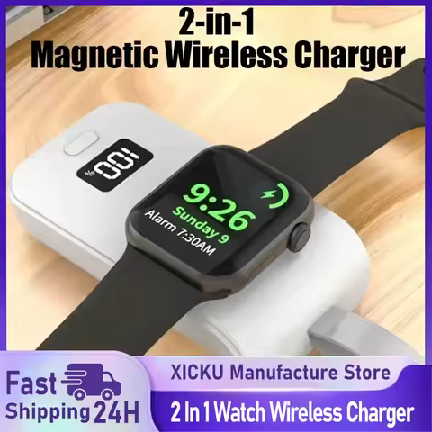 Portable 2 In 1 Magnetic Adsorption Wireless Charger Power Bank for Apple Watch 9 8 7 6 5 4 3 SE Ult