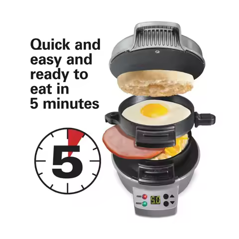 Dark Gray Breakfast Sandwich Maker with Timer, 25478, 600W, Nonstick, Cool Touch Handle, Dishwasher‑