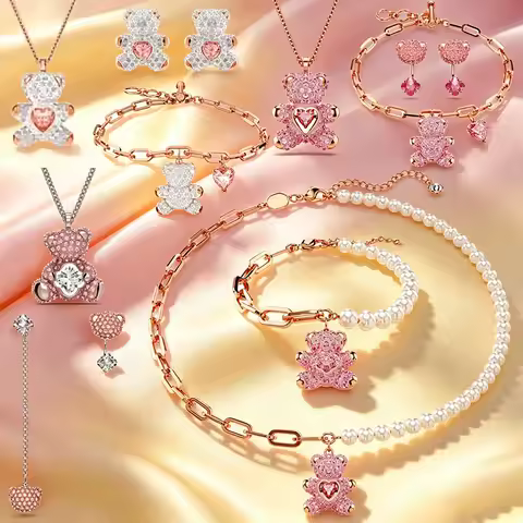 Bling Cubic Zirconia Hug Bear Accessories,Lovely Cartoon Pearl Chain Heart Bear Dainty Jewelry Colle