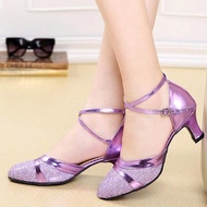 Women Ballroom Tango Latin Salsa Dancing Shoes Sequins Pointy Toe Buckle Shoes Middle Wedges High Heel Shallow Beautiful Sandals