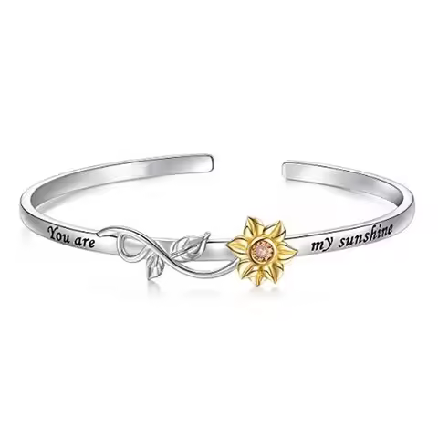 Engraved "You Are My Sunshine"Silver Sunflower With Cz Bracelet Womens Jewelry