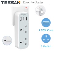 TESSAN TS222 2 Way Extension Plug Power Socket With 3 USB Port Output 3A Fast Charging Adaport Wall Socket  Extension Plug  13A UK 3 Pin Extension Power Socket （Gray-White）