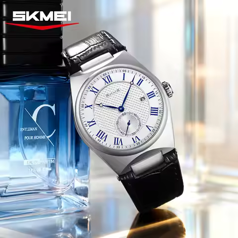 SKMEI 9390 Elegant Men's Quartz Watch Roman Scale Calendar Waterproof Leather Strap Casual Business 