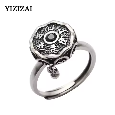 YIZIZAI Silver Color Buddhist Prayer Wheel Ring for Women Tibetan OM Mantra 7 Chakras Rings Good Luc