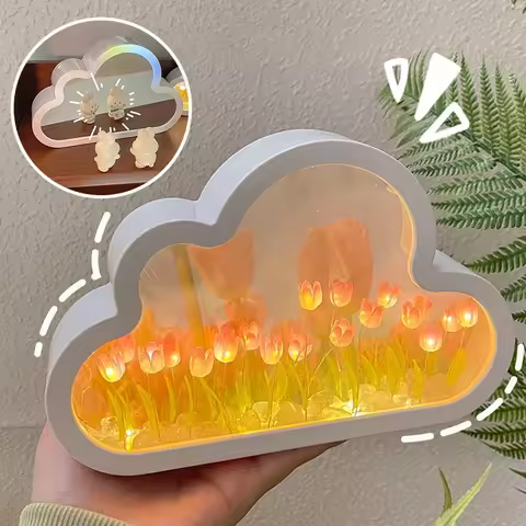 DIY Cloud Tulip LED Night Light Creative Sea of Flowers Night Lamp Mirror Table Lamps Atmosphere Lig
