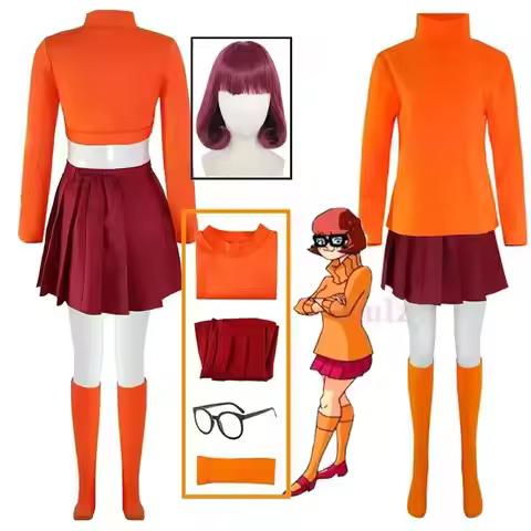 Cosplay Uniform Anime Woman Orange Top Skirt Socks Halloween Costume Set Girls Velma Wig