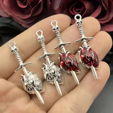 6Pcs Punk Gothic Skull Sword Charm Pendant Sword Piercing Heart Pendant Earring DIY Handmade Necklac
