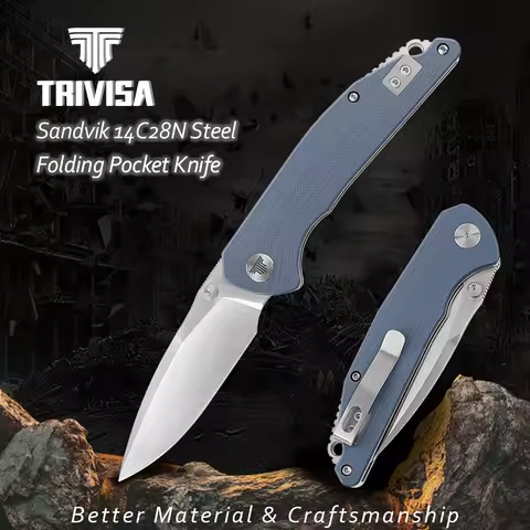 TRIVISA G10 Knife，Folding Pocket Knife for Men，EDC Knife with Clip for 14C28N Steel Satin Blade，Thum