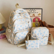 3pcs Nylon Bow Print Backpack Set,Foldable Multi-Po Cket Large CapacityWater-Resistant Zipper Backpa