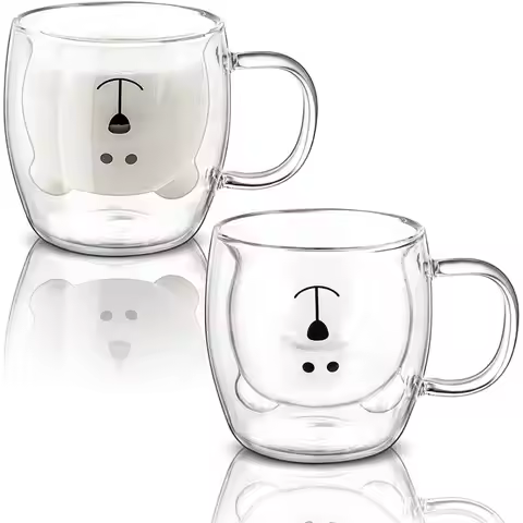 A76I-Cute Bear Design 2 Pack Double Wall Insulated Glass Mugs- 8.5 Oz Coffee Milk Beer Cups For Latt