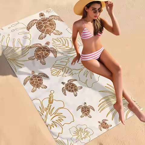 Large Sea Turtle Print Beach Towel, Gold Leaf Design, Quick Dry Microfiber, Sand Free, Perfect for B
