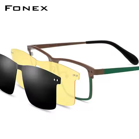 FONEX Titanium Glasses Frame Men Japanese Eyewear Square Magnet Clip on Eyeglasses with Night Vision