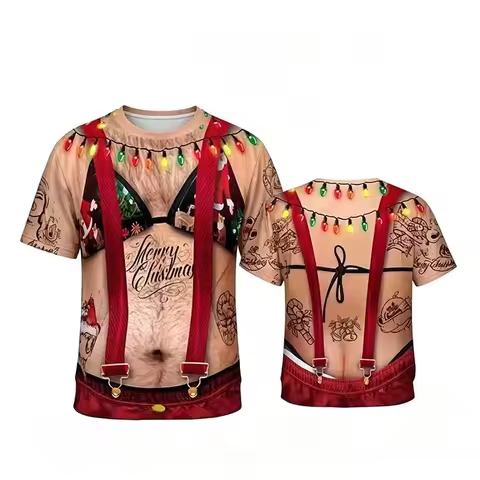 Funny Christmas Beer Belly Tattoo Short Sleeved Men's Fun 3D Simulation Printed T-shirt Prank Person