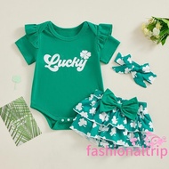 0-24 Months Baby Girls Shorts Set  Short Sleeve Letters Print Romper with Shamrock Skort and Hairband