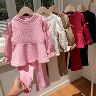 Children's Twist Knotted Round Neck Long-Sleeved T-Shirt with Flared Pants Spring Autumn 90-140 Size