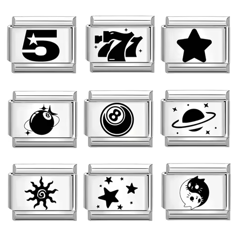 2025 Wholesale Laser Engraving NO.8 Ball Stars Digit 777 5 Italian Charm Links Fit 9mm Stainless Ste