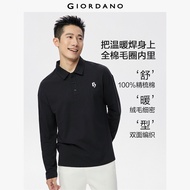 GIORDANO ผู้ชาย  เสื้อโปโล ผ้าฝ้าย 100% ปักลายตัวอักษร เสื้อโปโล แขนยาว แฟชั่นเรียบง่าย ลำลอง เสื้อโ