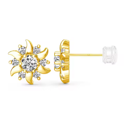 100% 14K Gold Petals Stud Earrings For Women Sunflower Puncture Earring Hypoallergenic AU585 Moissan