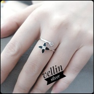 925 Black Flower Silver Ring with White Gold Plating - 925 Silver Women's Ring