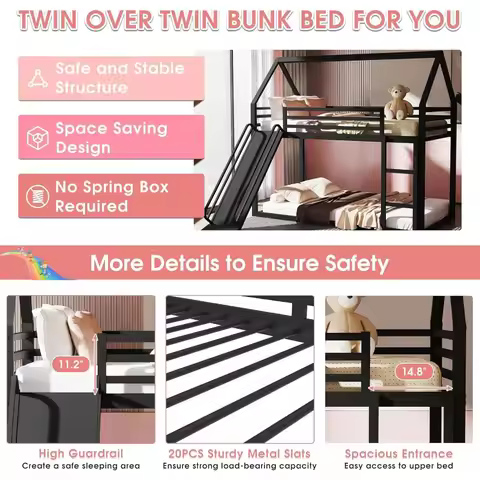 Loft Bed Double Bed, Solid Wood Low Loft Bed with Storage Drawer and Ladder, Modern Farmhouse Loft B