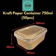 (50 pcs) Kraft Paper Rectangle Lunch Box with Lids 750ml /Bekas Kotak Makanan/Bekas Nasi Kertas 750m
