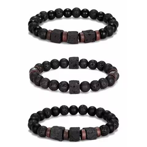 Square&Round Volcanic Stone Bracelet for Men Lava Black Onyx 8mm Beads Bracelets Men's Fashion New J