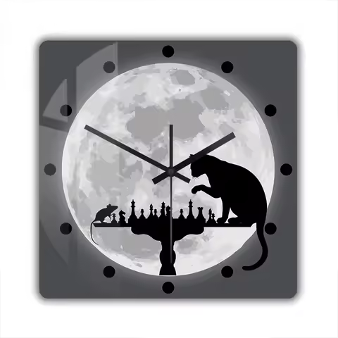 Cat Mouse Playing Chess Funny Animals Art Square Wall Clock Moon Night Home Decor Wall Watch Silent