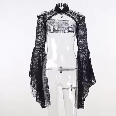 Lace Shrugs Sheer Crop Tops Long Bell Sleeves Women Dark Gothic Wedding Punk Cold Shoulder Costume C