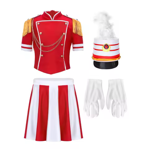 Kids Girls Drum Majorette Costume Outfit Epaulets Tassels Marching Band Team Uniform Top with Skirt 