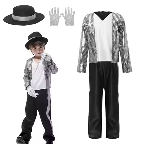 Anime Michael Jackson Billie Jean Cosplay Black Suit Dance Disco Halloween Fancy Dress Up 70s Pop Ki