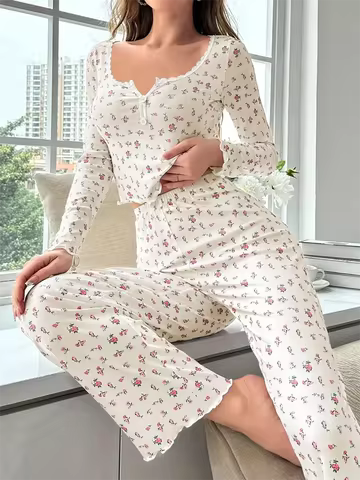 4 Size Choose S M L XL Apricot Ditsy Floral Women Homewear Set Soft Pajama Set Long Sleeve Top and P