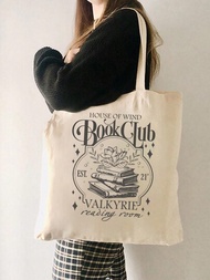 1入組「風之書院」圖案帆布手提袋,適於旅行日常通勤,女性可重複使用的購物袋,聖誕最佳禮物,時尚折疊手提袋
