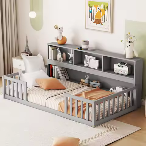 Kids Montessori Floor Bed,Twin Size Floor Bed with Bookcase and Shelves,Twin Bed Frame with Guardrai