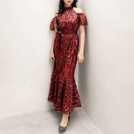 Dress gloria Size M L bahan brukat tile 3d mutiara satin velvet ada reeesleeting belakang ada tali o