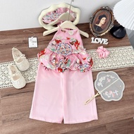 X164 (Tặng chun tóc) Set áo yếm hồng hoa văn quần hồng cho bé gái mặc trung thu