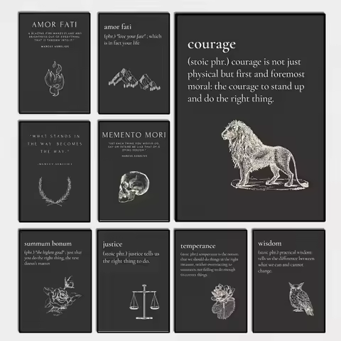 Stoicism Courage Justice Wisdom Stoic Virtue Owl Lion Posters Fancy Wall Sticker for Living Room Bar