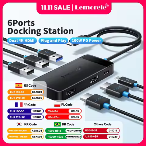 Lemorele TC122 6-in-1 USB C Hub 4K Docking Station Dual HDMI&DP 4K for MacBook Dell HP 100W PD USB 3