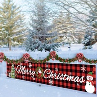 Banner Merry Christmas Besar, Tanda Xmas Corak Kotak-Kotak Buffalo Merah dengan Corak Pokok Xmas dan