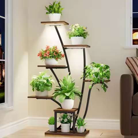 Indoor Plant Stand with Grow Lights, 7-Tier Corner Shelf for Living Room Decor, Black