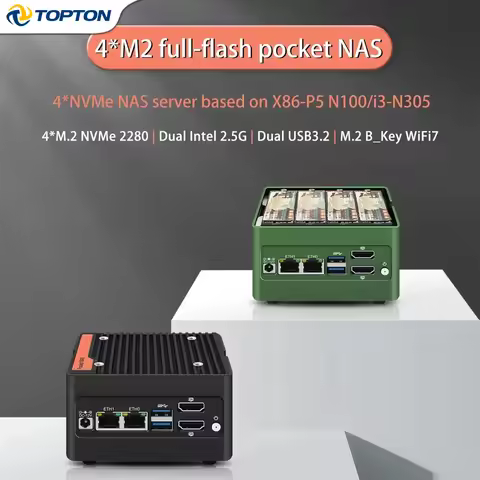 New X86-P5-4M NAS Pocket PC, Intel Core 3-N355 / N305 / N150 / N100, 4x M.2 NVMe Slots, DDR5 RAM, Fi