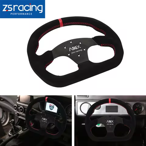 Universal 325mm/12.8inch Black Flat D Shape Suede Leather Steering Wheel 70mm-PCD For Most Vehicles 
