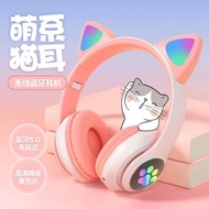 新款貓耳頭戴式創意藍牙耳機降噪發光無線插卡折疊通用高顏值耳機